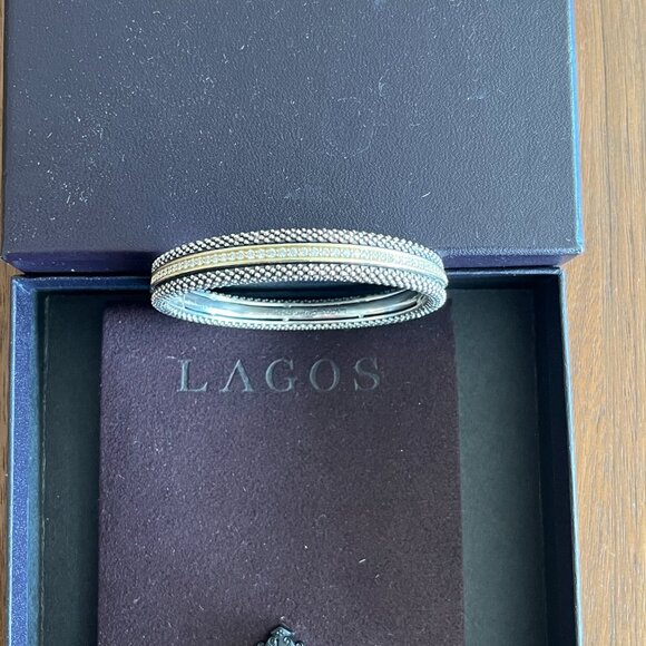 LAGOS DIAMOND 1.02 CTW 18K YELLOW GOLD & STERLING SILVER  HINGED BANGLE BRACELET - Picture 2 of 11